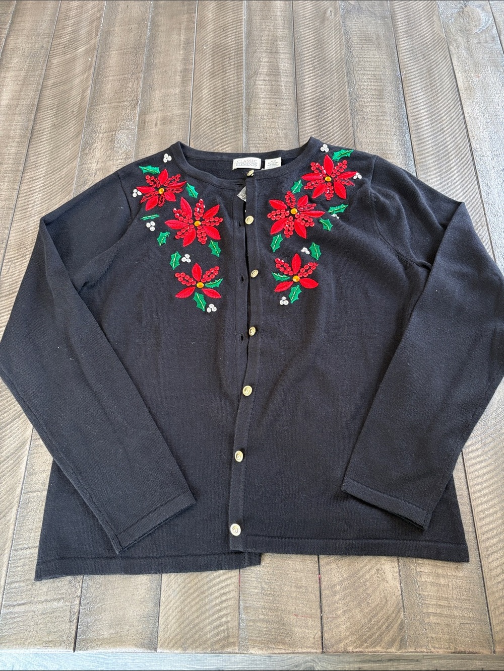 Classic Elements Black Cardigan with Red Poinsettia Embroidery